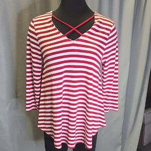 Chico's Red and White Asymmetrical 3/4 Sleeve Blouse